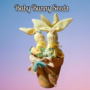 Vtg Baby Easter Bunny Seeds Ceramic Flower Pot Sign Carrot Bows